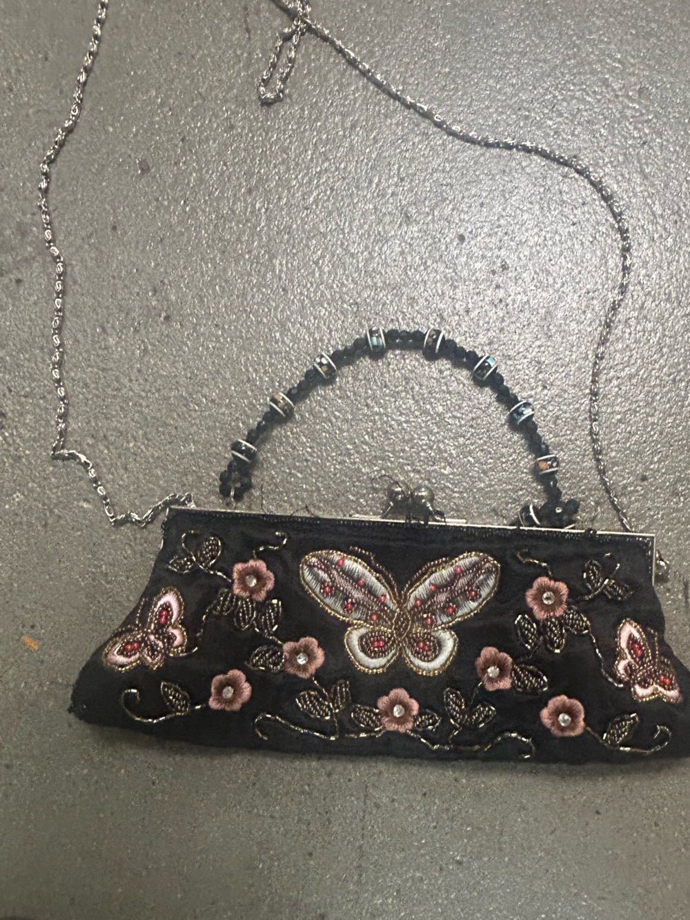 Vintage Black Floral and Butterfly Beaded Evening Clutch